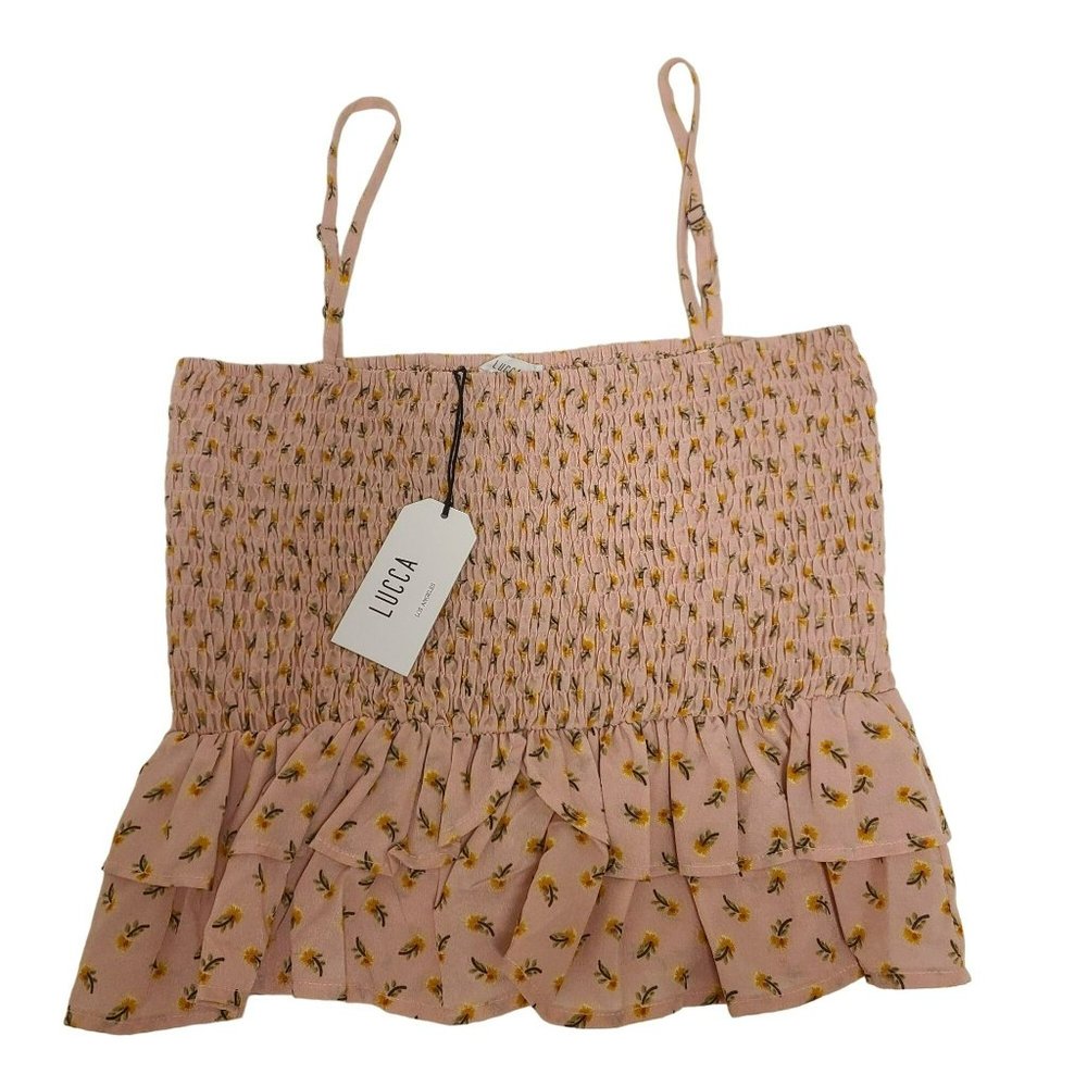 Lucca LA Crop Sunflower Peplum Tank Top Smocked Spaghetti Strap Peach XS NWT